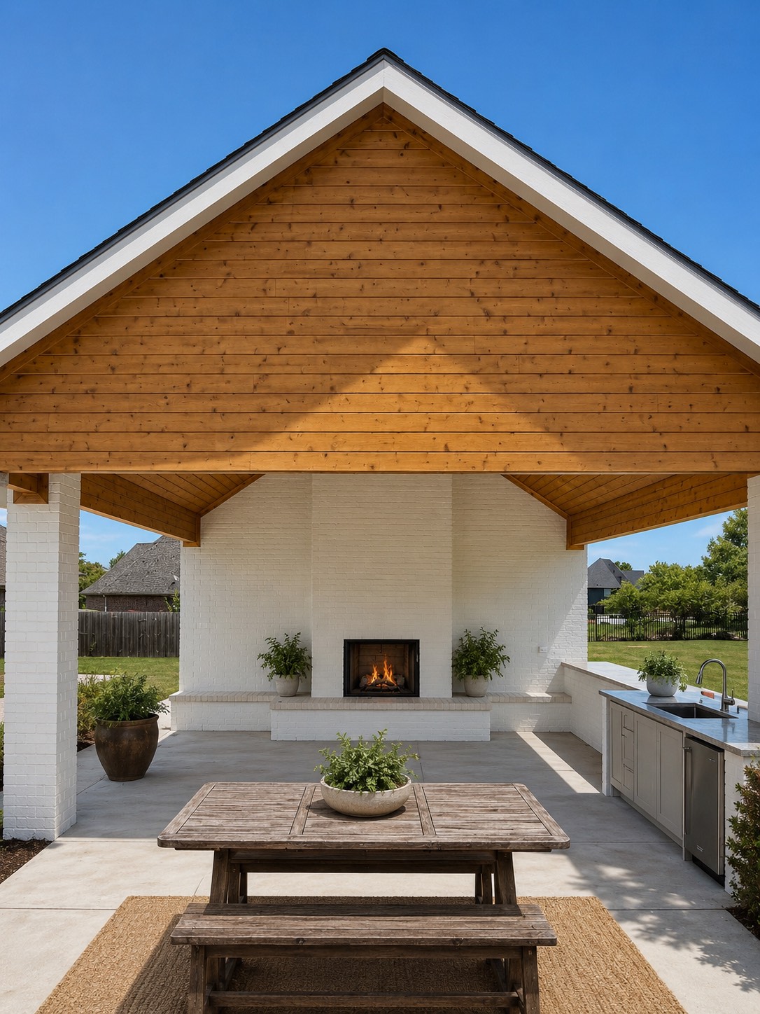 Covered outdoor pavilion with a wood gable ceiling, white-brick fireplace, built-in outdoor kitchen, and a farmhouse dining table