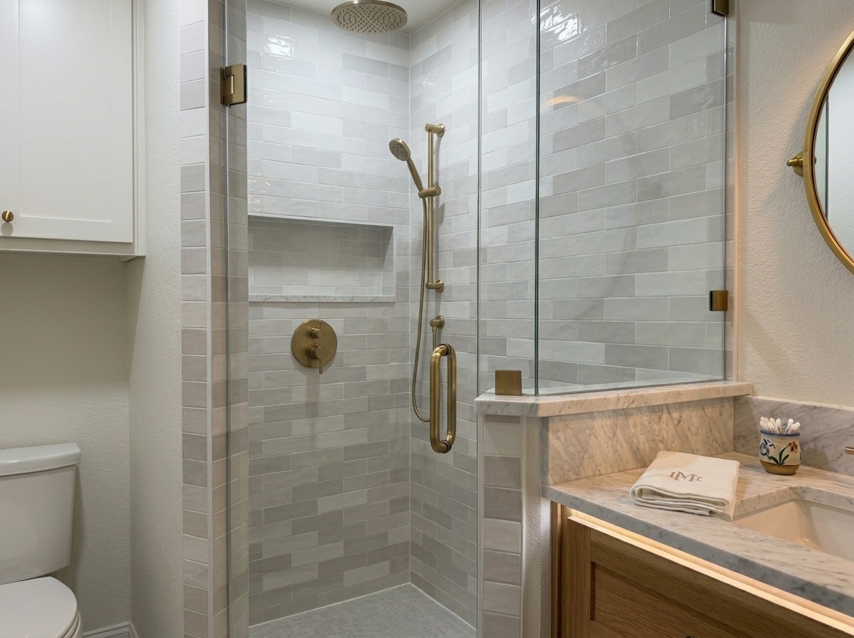Walk-in tile shower with frameless glass, marble vanity, and brushed brass fixtures