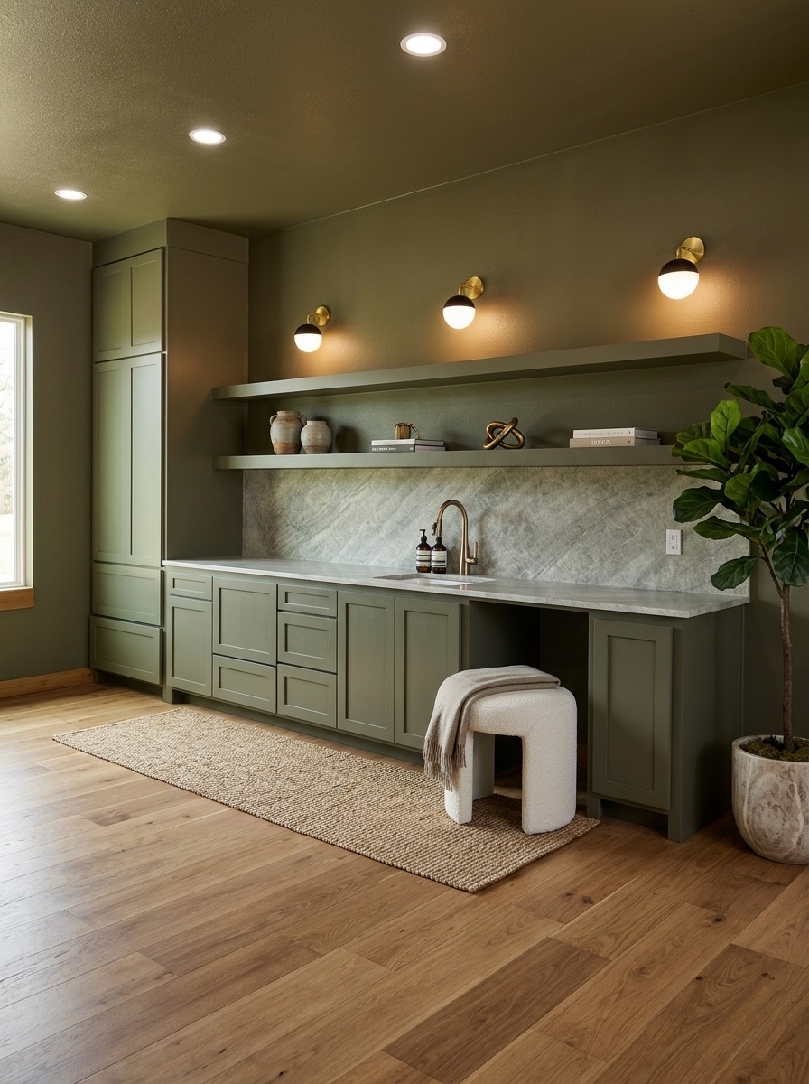 Custom sage-green built-in with floating oak shelf, brass sconces, and marble backsplash