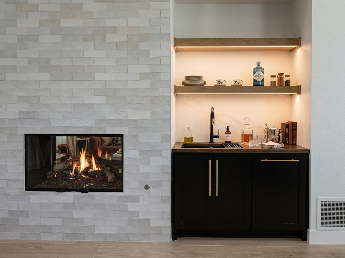 Living space with a stone tile fireplace and black built-in wet bar with floating shelves