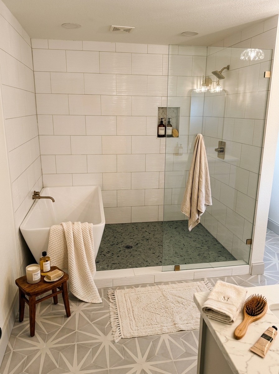 Bright bathroom with a freestanding soaking tub, frameless glass walk-in shower, white tile, and patterned floor