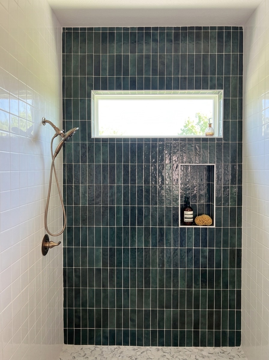 Walk-in shower with vertical deep-green stacked tile, recessed niche, and brushed bronze fixtures