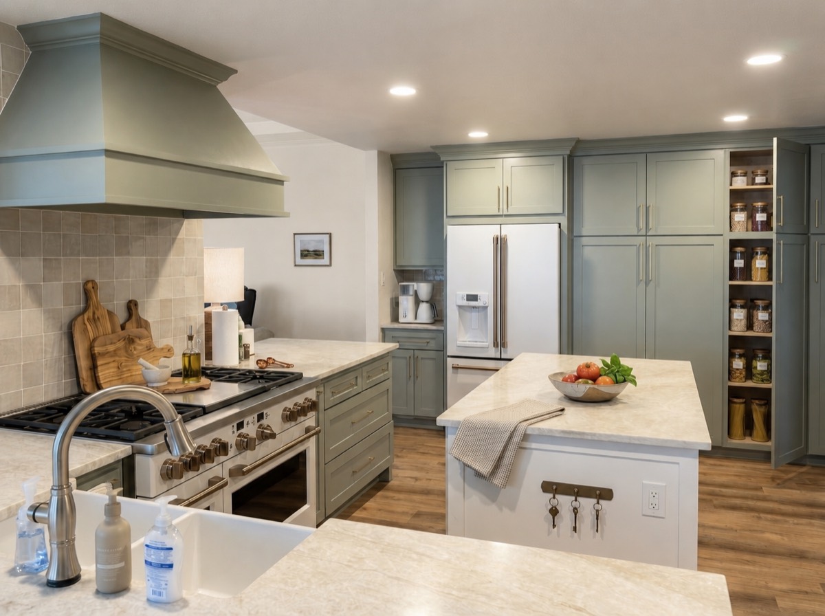 Kitchen with sage-green cabinetry, marble island, open pantry shelving, and brass hardware