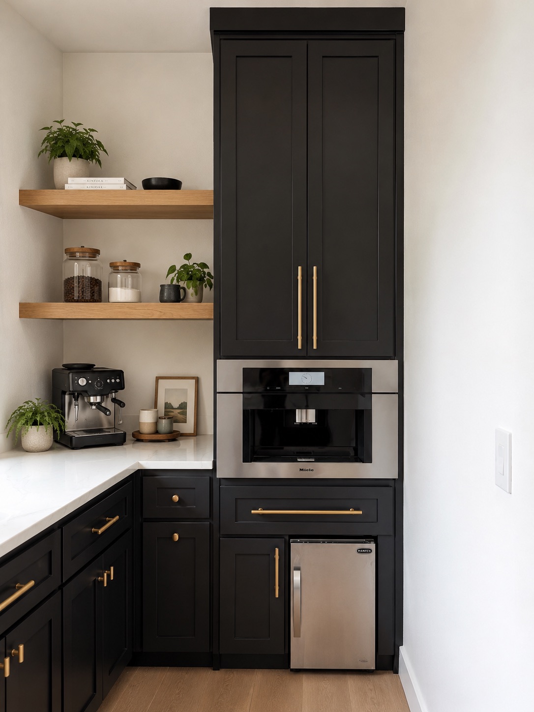 Black butler's pantry with brass hardware, oak floating shelves, an espresso machine, and a built-in coffee station