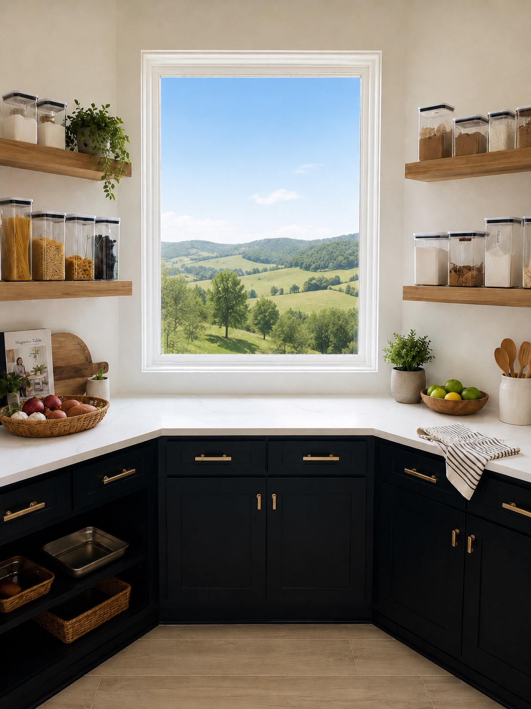 Walk-in pantry with black lower cabinetry, oak floating shelves, and a large picture window with a country view