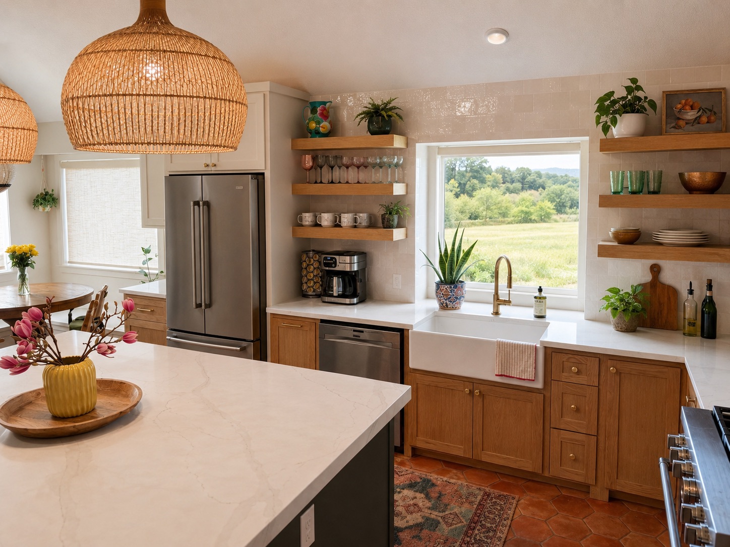 Warm wood kitchen with white quartz counters, rattan pendants, a farmhouse sink, and terracotta tile floor