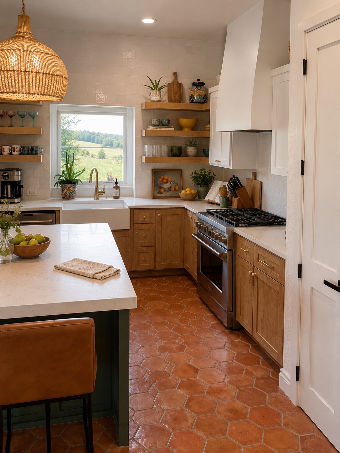 Wood kitchen with a stainless range, white range hood, rattan pendant, and terracotta hexagon tile floor