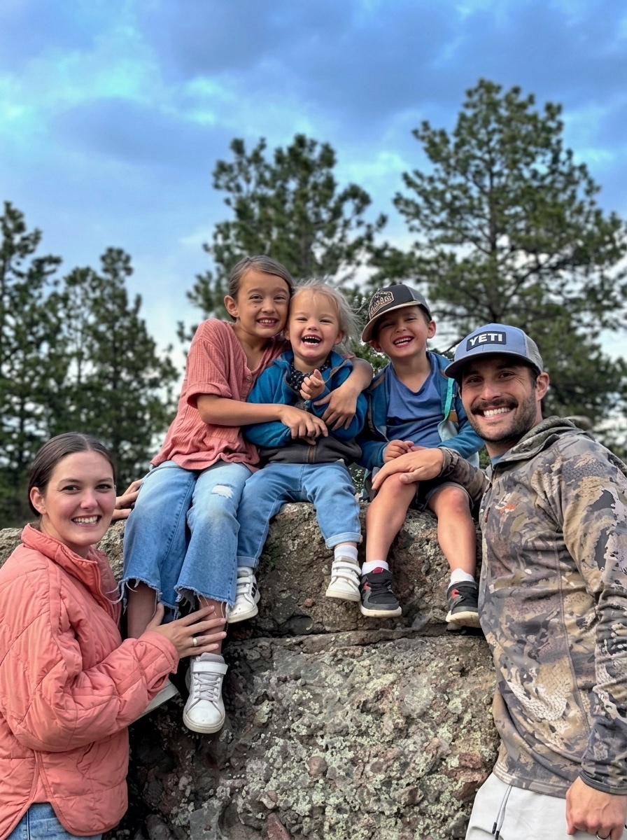 Cody Hawkins with his wife and three children outdoors